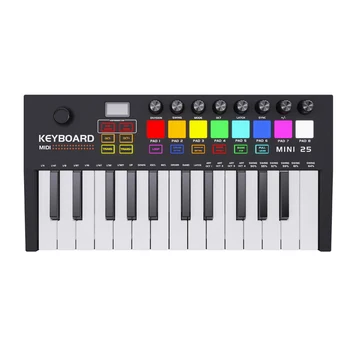 25-клавиш MIDI клавиатура контролер с 8 подсветка барабанни подложки 8 копчета преносим тип-C Midi клавиатура за музикална продукция Изображение