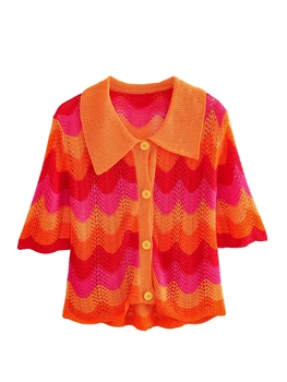MYDR 2023 НОВ Лято жени плътен цвят плетене дантела нагоре джобове декорация случайни реколта сладки пуловери Изображение
