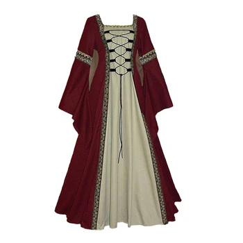 Flare ръкав талията дантела нагоре ретро реколта парти рокли 5XL Ренесанс средновековна Виктория жени дълга рокля VD3586 Изображение