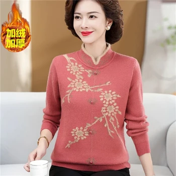 4XL Зимна майка интегрирана кадифе джъмпер пуловер сгъстяване топло плюшени пуловер Cheongsam яка елегантни жени плетени пуловер Изображение