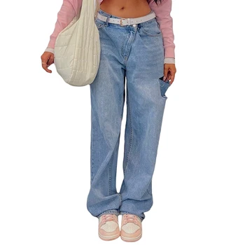 Жените ниска талия катарама дънки плътен цвят скъсани дънкови панталони, хлабав годни панталони за дами, синьо / сиво Изображение