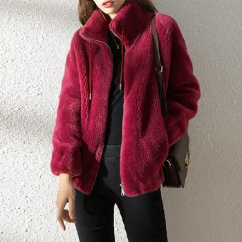 Fluffy Faux Fur Coat Parka Femme Winter Warm Coats Zipper Long Sleeve Jackets For Women Korean Parkas Green Red Fashion New Изображение