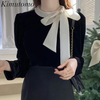 Kimutomo реколта цвят контраст дантела нагоре вратовръзка лък кадифе риза жена елегантен O-образно деколте бутер ръкави прости универсален блуза инс нови Изображение