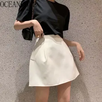 OCEANLOVE A-line твърди жени поли основни елегантни висока талия пролет лято корейски Faldas джобове реколта секси мини пола Изображение