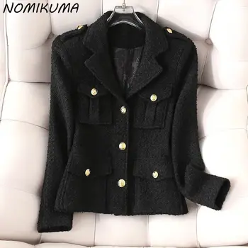 Nomikuma Tweed Notched Collar Short Elegant Coat Women 2024 Пролет Есен Нова мода Тънка талия Корейски стил жилетка якета Изображение