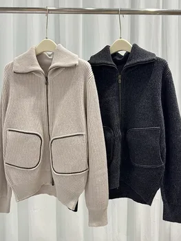 Жените цип плета жилетка мъниста верига двойни джобове 2023 есен зима женски завой надолу яка кратко пуловер палто Изображение