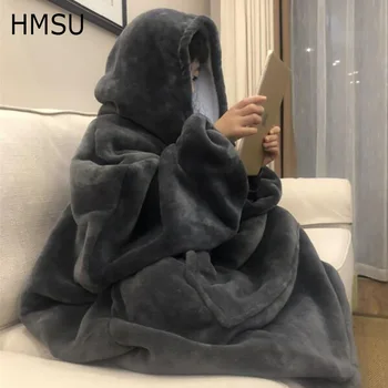 HMSU извънгабаритни сива врана одеяло с ръкави суитчър карирана зимата руно качулка жени джоб женски качулка пот извънгабаритни Femme Изображение