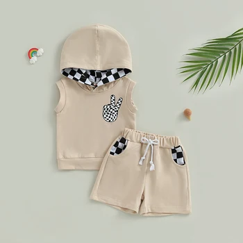 Малко дете бебе бебе момчета 2PCS облекло шорти комплекти без ръкави качулка жилетка и шнур шахматна дъска печат шорти комплекти Изображение