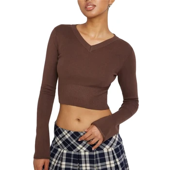 Xingqing дамски пуловер 2023 естетически дрехи плътен цвят/ивица V врата дълъг ръкав изрязване отгоре плетен пуловер реколта улично облекло Изображение