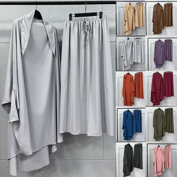 Мюсюлмански комплект от две части за жени Джилбаб Абая Дубай дрехи ислям обикновена рокля комплекти Eid Рамадан облекло Khimar пола скромна роба Изображение