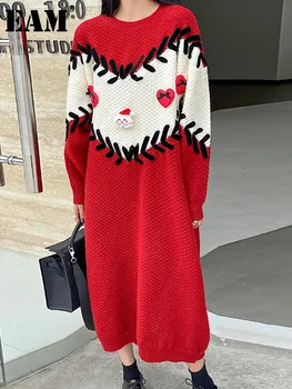 EAM жени червен цветен блок голям размер плетене рокля нов кръг врата дълъг ръкав 3D декорация мода пролет есен 2024 1DH3975 Изображение