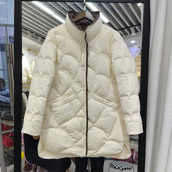 Lagabogy 2023 Mid-Long Puffer Jacket Winter Women Simple White Duck Down Coat Stand Collar Parka Female Single Breasted Outwear Изображение