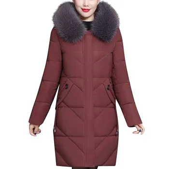 Дамско памучно яке Средно дълго голямо кожено яка Връхни дрехи 2023 Зимно ново палто Дамско топло ветроупорно яке Изображение