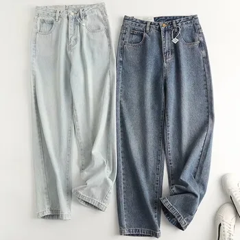 Dave&Di England Style High Street Washed Mom Jeans Women Ins Blogger High Waist Straight Loose Denim Pants Изображение