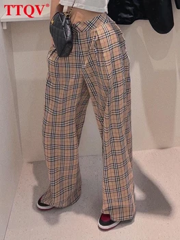 TTQV Fashion Khaki Plaid Print Дамски панталони 2023 Елегантен къс панталон с ниска талия Есенни ежедневни прави панталони Улично облекло Изображение