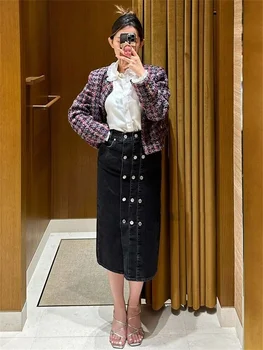 Дамски елегантен комплект цветно каре туид O-образно палто или тройна гърда женска миди дънкова пола за есен 2023 Изображение