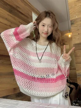 Коробов кухи райета дълъг ръкав пуловер жени есен нови трикотаж топ мързелив хлабав слънцезащитен престилка корейски мода пуловер Изображение