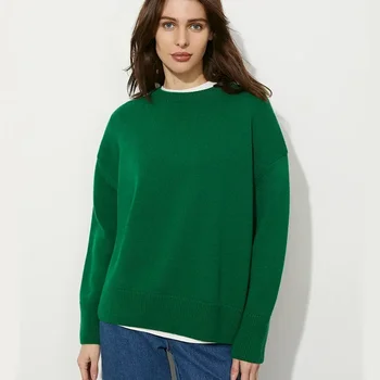 2024 Нови жени пуловер пуловери твърди O-образно деколте хлабав дебел извънгабаритни трикотажни пуловери високо качество случайни жени пуловер палто Изображение