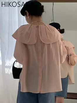 корейски шик сладък Питър Пан яка блуза жени обратно еднореден къс ръкав ризи върховете лято твърди случайни Blusas Mujer Изображение