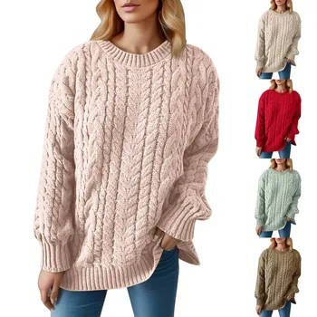 Дами 2023 Облекло Дамска мода реколта вертикална ивица груб игла около врата дълъг ръкав трикотажен пуловер пуловер Изображение