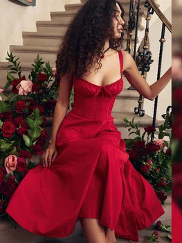 suninheart Елегантна A Line Midi рокля Секси спагети каишка дантела нагоре червени рокли за празнично парти Сплит летни рокли Жени 2023 Изображение