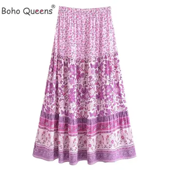 Boho Queens Hippie Women Bohemian Pink Floral Print Beach Pleated Skirt Gothic High Elastic Waist Rayon Aline Maxi Skirt Femme Изображение