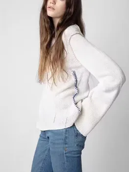 Дамски снаждания с О-образно деколте Плетен пуловер 2023 Нов дълъг ръкав мода есен зима All-Match женски прости пуловер върхове Изображение