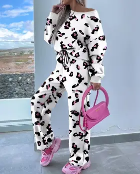 Дамски панталони комплекти 2023 Нови есенни жени розов леопард печат суитчър & Sweatpants комплект мода жени случайни хлабав две части костюм Изображение