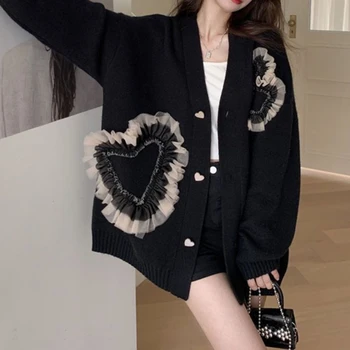 Ретро жилетка жени любов сърцето окото пачуърк хлабав пуловери женски v-образно деколте случайни плетени върхове Femme корейски стил Sueter Mujer Изображение