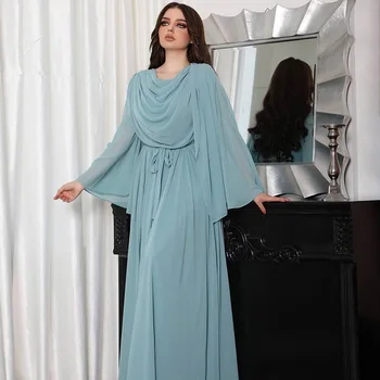 Модни жени шифон Bell-ръкав рокля елегантен женски роба висока талия плисе арабски Дубай парти рокли Abaya Изображение