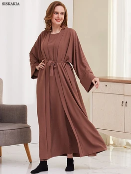 Siskakia Casual Мюсюлмански марокански Дубай Abaya рокля комплект за жени Corban Eid Al Adha Кратко Solid колан две части кимоно роба Изображение