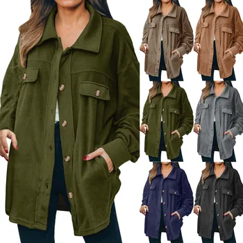 Зимни якета за жени плюс размер на жените есенно облекло случайни палто дълъг ръкав хлабав риза яке с джобове Изображение