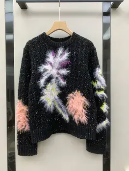 EVACANDIS жени нови пайети перо O-образно деколте трикотажни пуловер върховете дълъг ръкав пролетта елегантен шик случайни високо качество пуловер Изображение