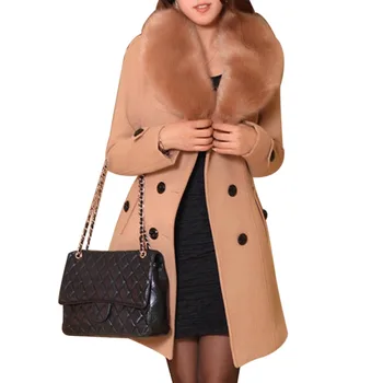 Корея стил жени вълна смеси палта дами зимата топло изкуствена кожа яка дълго палто парка връхни дрехи руно палто M-5XL Изображение