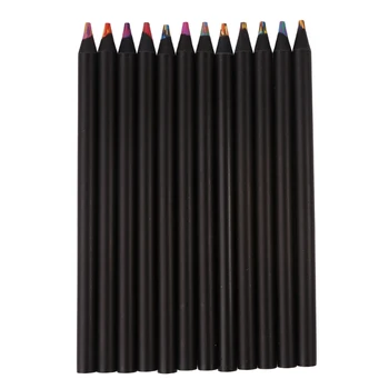 12 цвята цветни моливи, дъгови моливи за студенти, черен дървен молив дебел прът комплект за оцветяване рисуване скициране Изображение