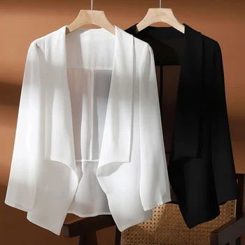 Секси отвесни елегантни нередовни тънки жилетка риза жени черно бяло тънък шифон слънцезащитни връхни дрехи случайни дълъг ръкав прост палто Изображение