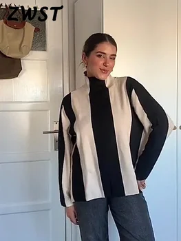 Раиран дебел дамски пуловер хлабав дълъг ръкав плетене пуловер 2023 зимна мода случайни офис дама пуловери Изображение