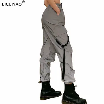 LJCUIYAO Нова мода жени отразяващи панталони случайни еластична талия хлабав Pantalones Съобразени товар шнур спортен панталон Изображение