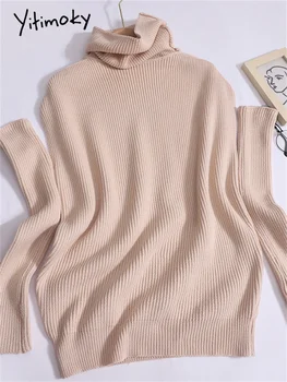 Yitimoky плетени пуловер жени есен зима нова мода реколта oversleeve поло хлабав джъмпери случайни твърди шик пуловер Изображение