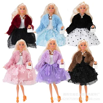 1 Комплект Нова цветна рокля Кожено палто Чанта за чанта Колие за кукла Барби Парти Тоалети Подходящ за 1/6 BJD кукла аксесоари Изображение