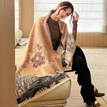 2023 Нов дизайн цветя Пашмина Луксозен зимен мек женски шал кашмир дебели топли шалове шалове и обвивки Bufanda Poncho Изображение