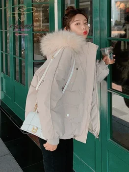 Корейска мода Дамско яке Памучни дрехи 2023 Зима Loose Thicken Hooded Fur Collar палто Parkas Solid Casual Tops Изображение
