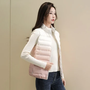 2023 Нова пролет надолу жилетка жени къса стойка яка топло жилетка женски корейски стил без ръкави бяла патица надолу палто J14 Изображение