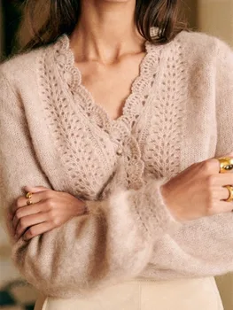 2023 Есен жени мохер смеси плета жилетка кухи навън единични реди v-образно деколте дълъг ръкав женски сладък пуловер Изображение