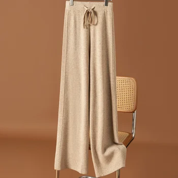 Плътен цвят висока талия вълна плетени ширококраки панталони женски есента и зимата нова корейска завеса хлабав вратовръзка прав случаен панталон Изображение