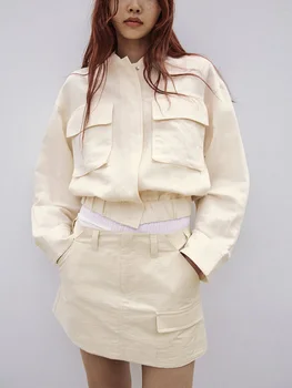 Street Style Faux Linen Co Ord комплекти за жени Кръпка джобове хлабав яке и клапа детайл мини пола дамски 2 парче екипировка комплект Изображение
