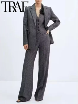 TRAF 2024 Пролет елегантен жените нетактичност костюми 2 парче комплекти дълъг ръкав тънък офис дама яке женско палто дълги панталони Y2K Изображение
