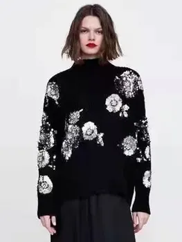 Мода цвете пайети пуловер жени шик O врата дълъг ръкав топло лъскава трикотажни пуловер есента високо качество женски трикотаж Изображение