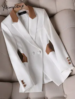 Yitimuceng Корейски модни блейзъри за жени 2023 Нов контраст дълъг ръкав цвят тънък костюми яке офис дами ежедневни Y2k палта Изображение