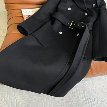 511021456 Дамско 23 ново чисто двуредно вълнено палто, с дизайн на колан, класическо и елегантно, меко, но твърдо на допир. Изображение